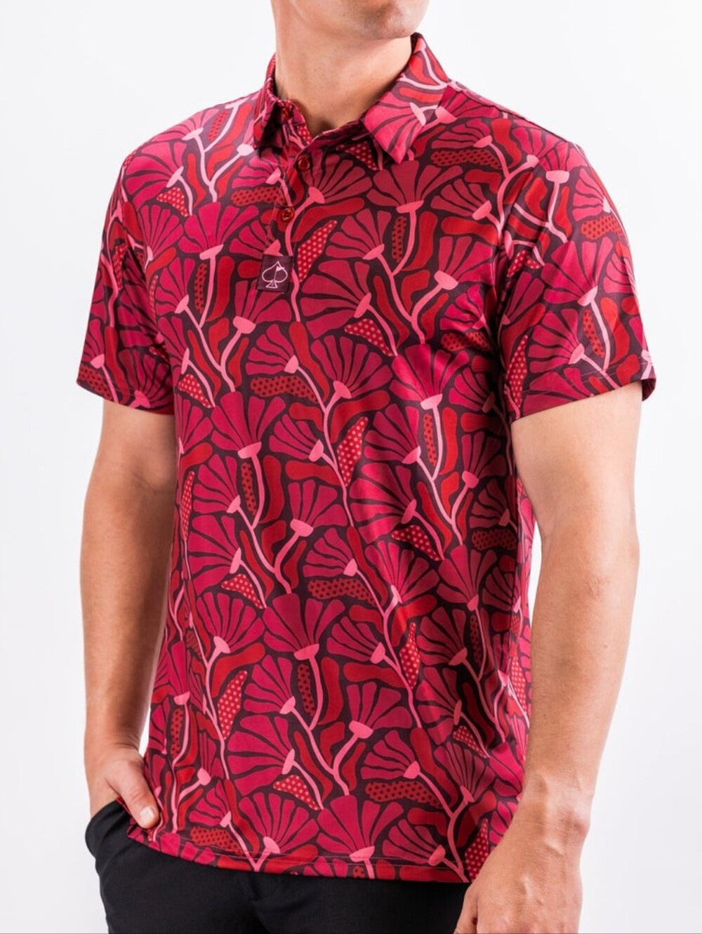 NWT Pins & Aces Mens Golf Garden Party Crimson Bloom Polo Sizes M,L,XL,XXL